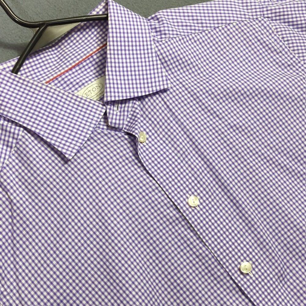 Eton Shirt Men's 16.5 42 Purple Check Contemporary Cotton Long Sleeve Button Up